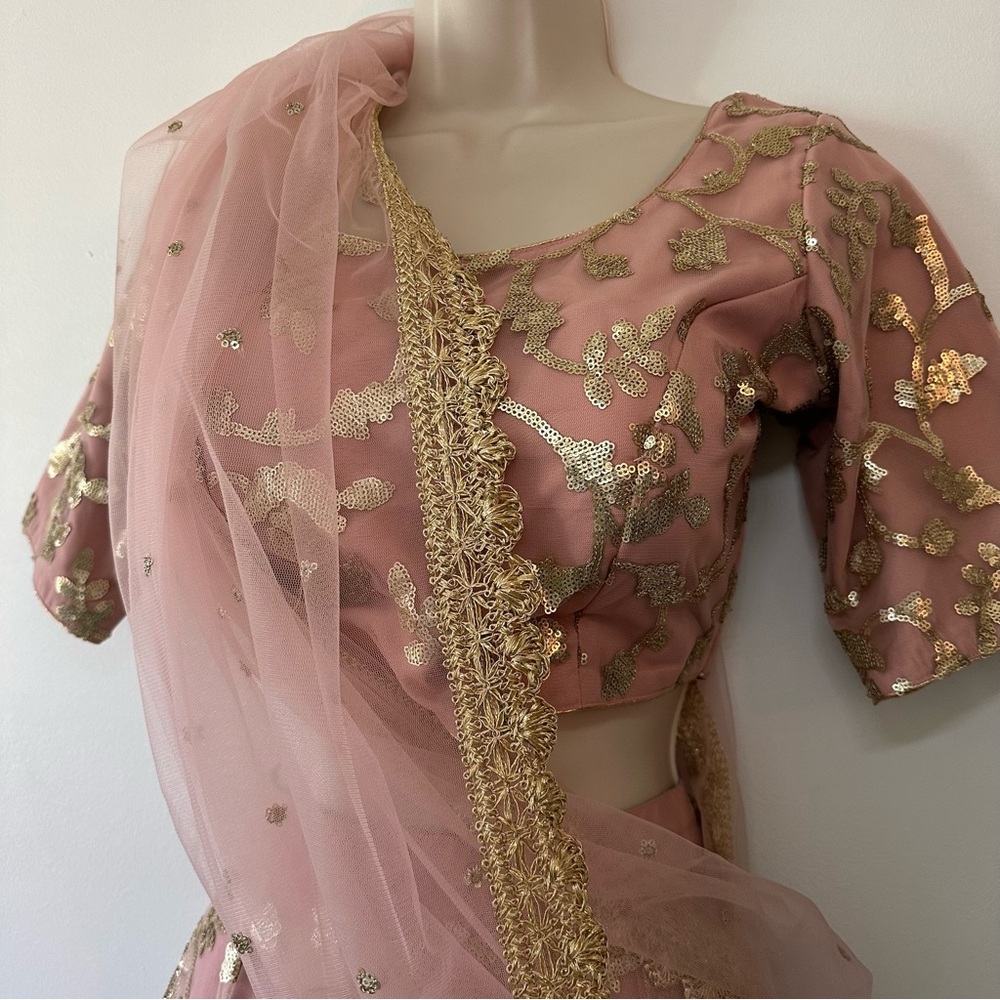 Blush Embroidered Indian Wedding Two Piece Dress with Gold Accents - Picture 2 of 16